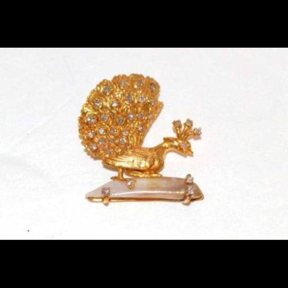 14K Gold Diamond,Handmade Peacock Brooch TCW 0.88